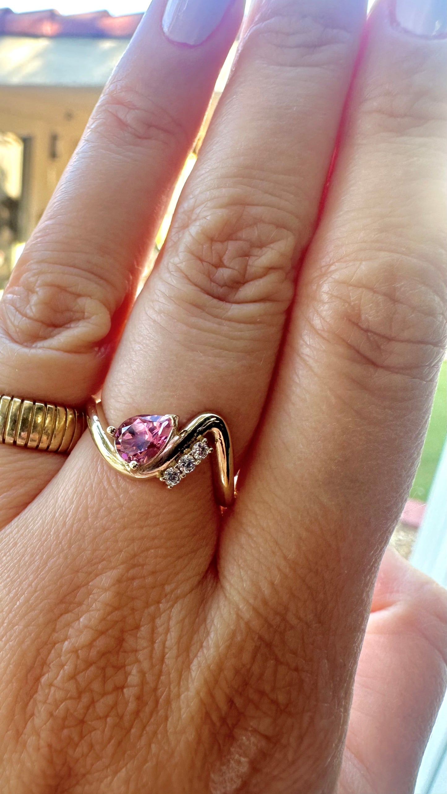 14K Wave Ring | Pink Tourmaline and Diamonds Ring