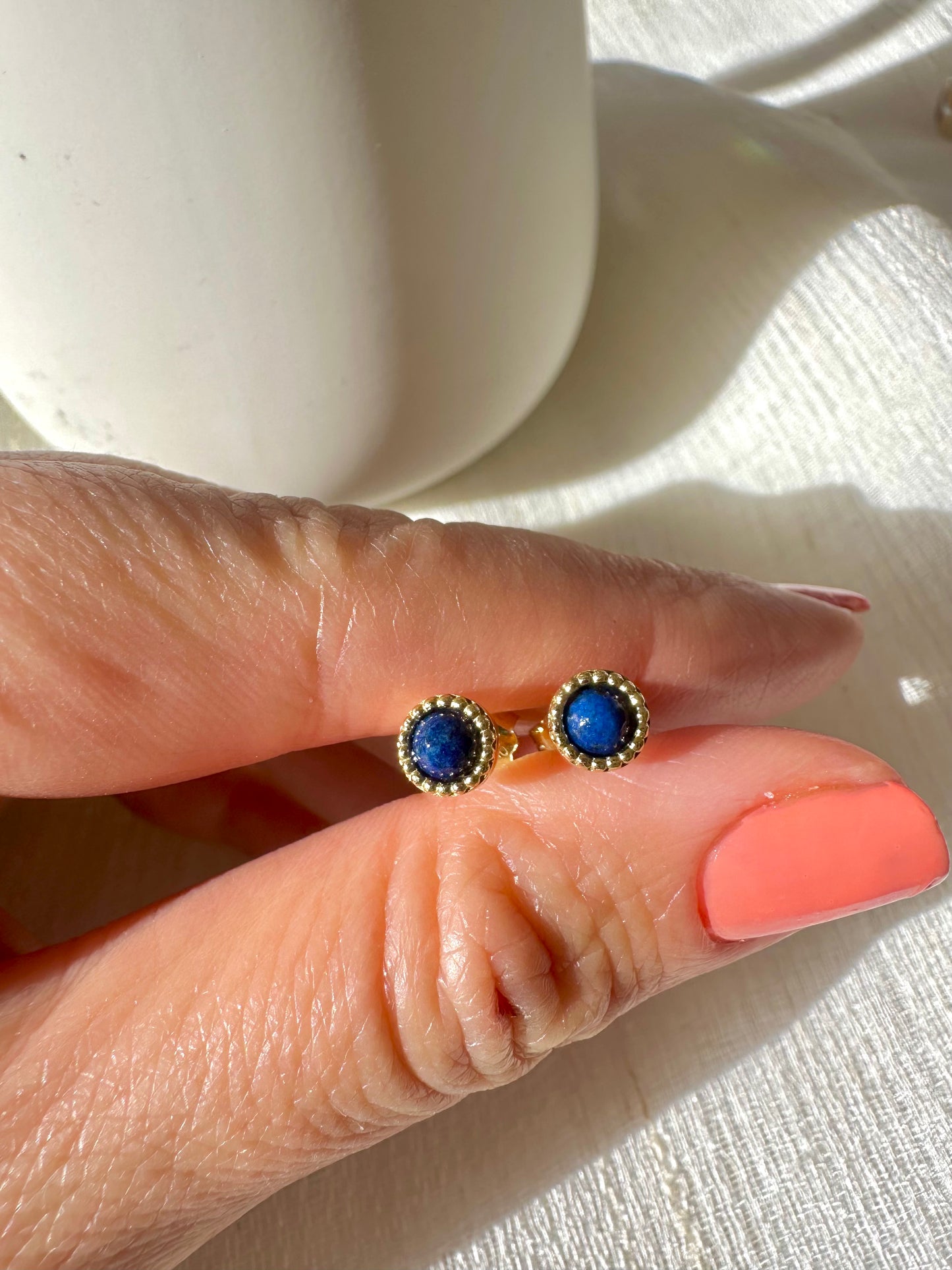 18k Lapis Lazuli Earrings | Round Stud Earrings