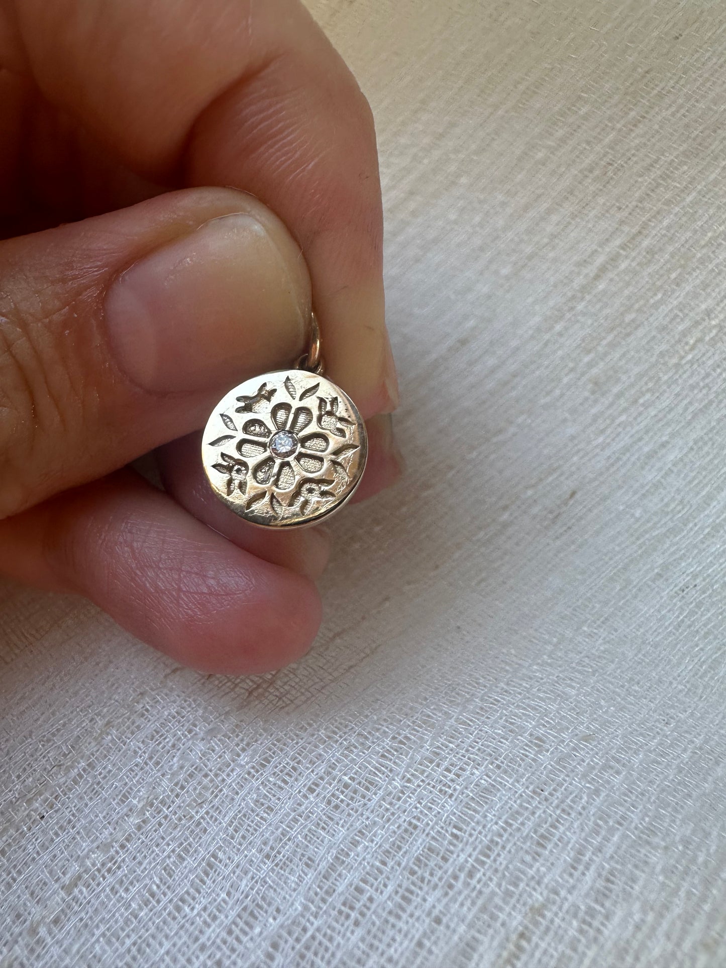 Tatreez Pendant | gold coin floral pendant hand crafted in 14k or 18k with a center stone of your choice. | Ella Creations Jewelry