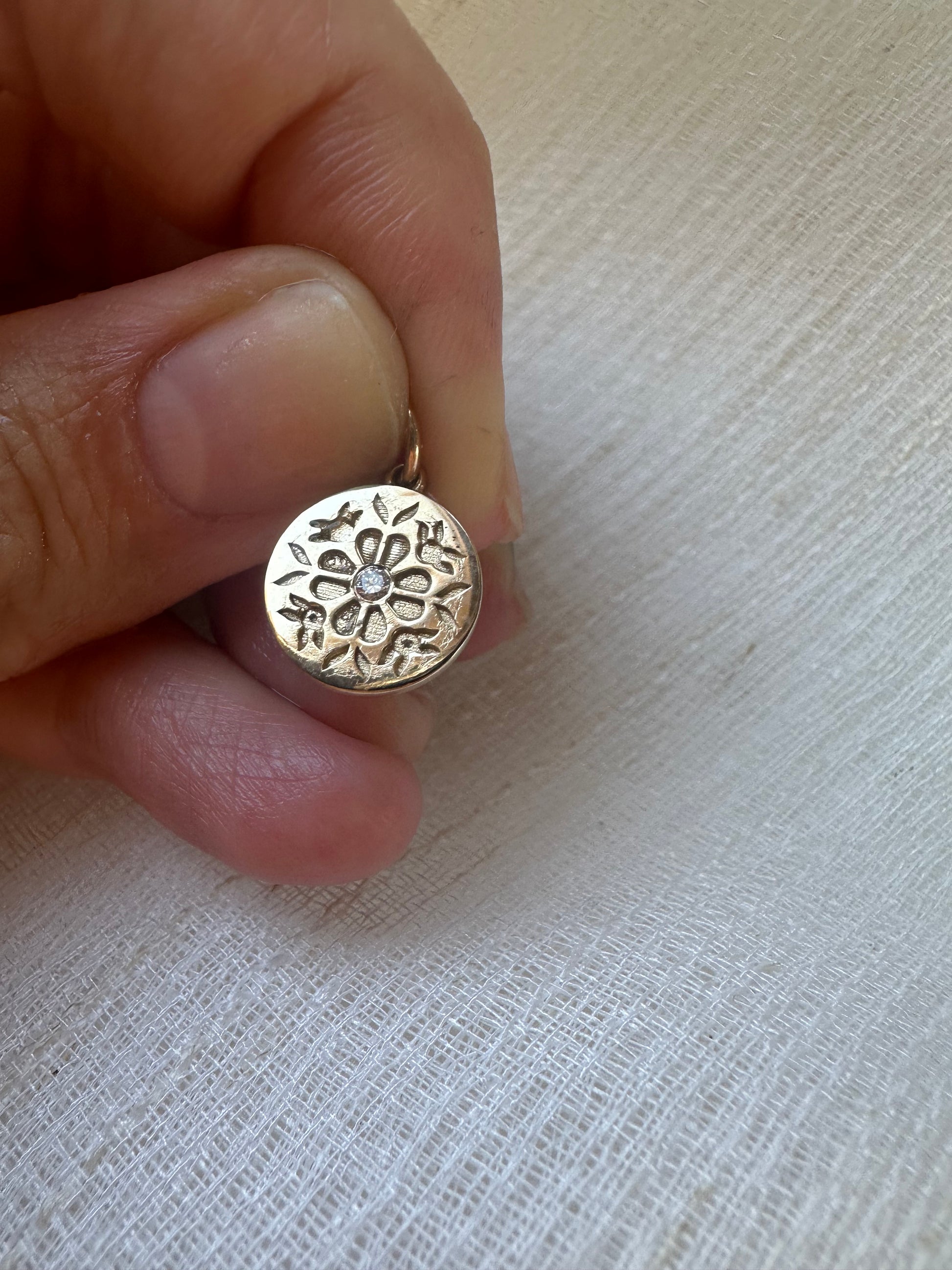 Tatreez Pendant | gold coin floral pendant hand crafted in 14k or 18k with a center stone of your choice. | Ella Creations Jewelry