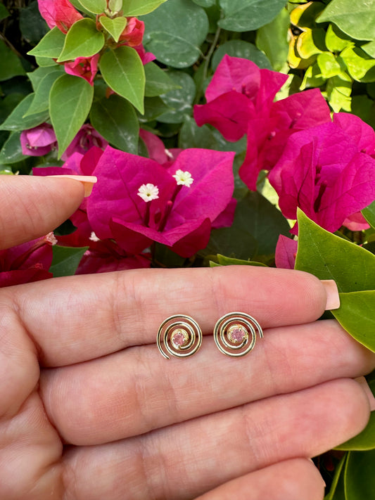 Pink Sapphire studs in spiral design and handcrafted in 18k solid gold 