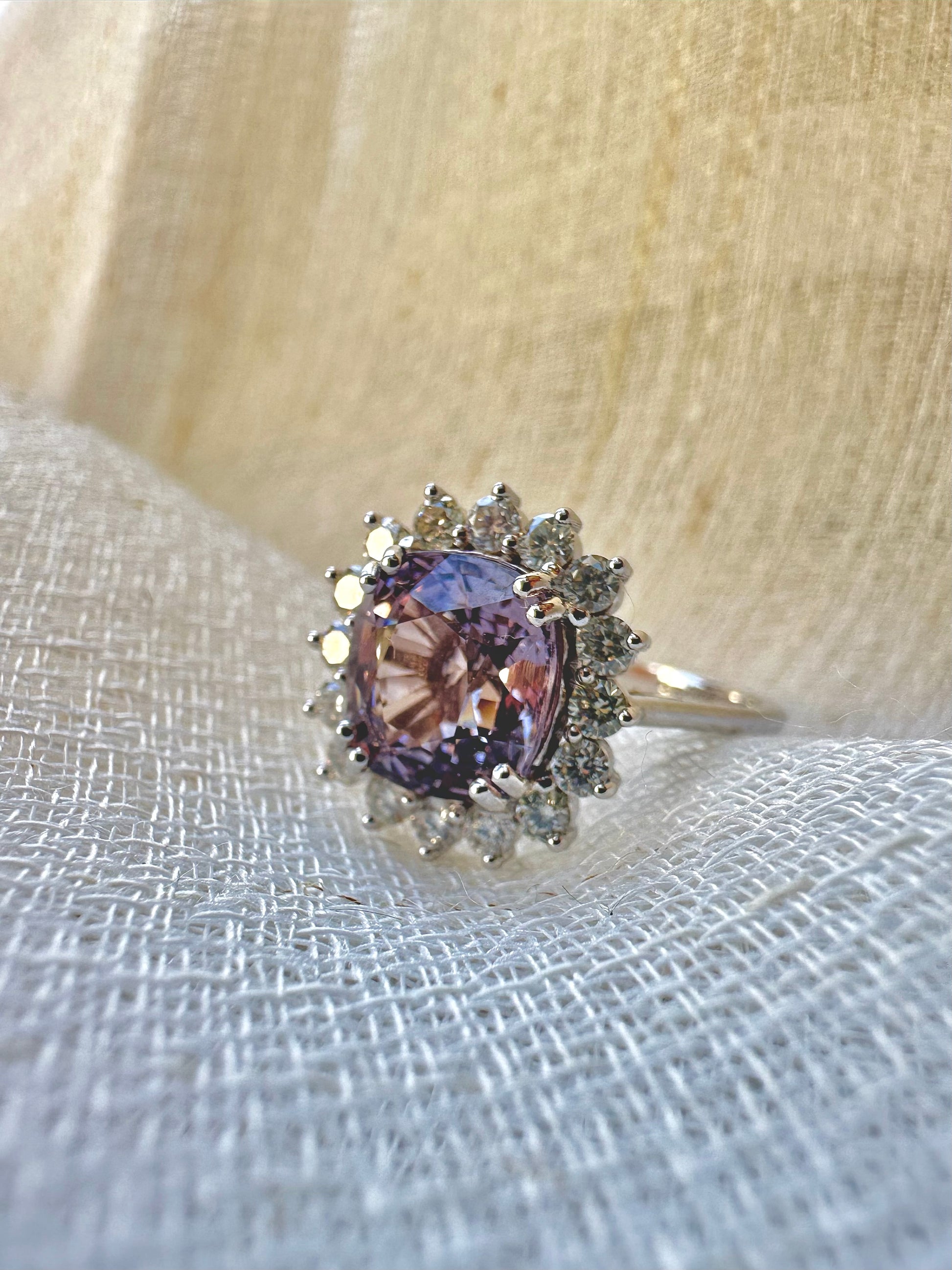 Vintage inspired Spinel Ring with diamonds halo setting handcrafted in 18 karat white gold. Spinel is August birthstone | Ella creations jewelry
