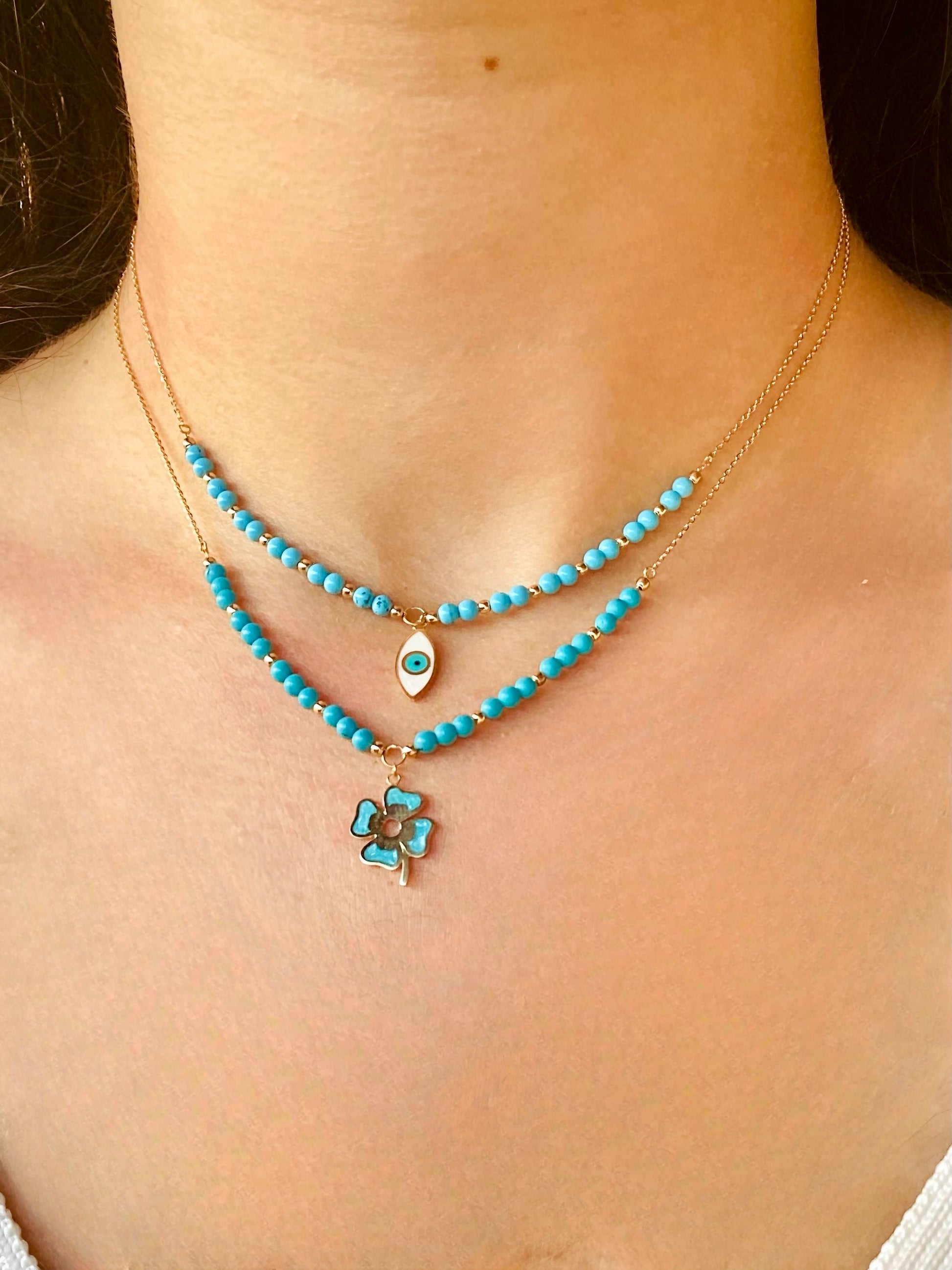 18k gold Clover necklace with Turquoise beaded chain | Ella Creations jewelry