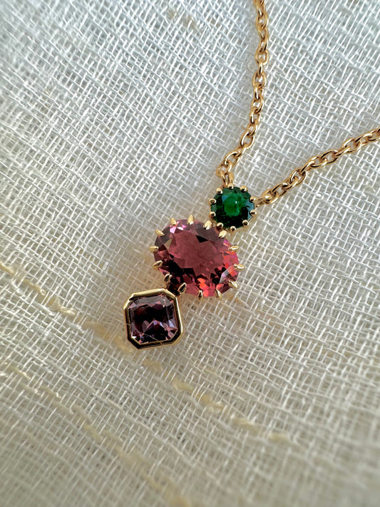 18k cluster gemstone Necklace featuring Emerald, tourmaline and Sapphire pendant | Ella Creations jewelry