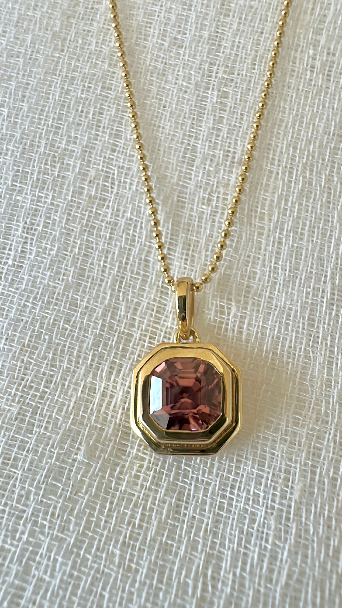 Pink Zircon pendant, December Birthstone Pendant set into a custom, two-tiered 18k gold bezel that matches the stone's hexagon shape. | Ella creations Jewelry
