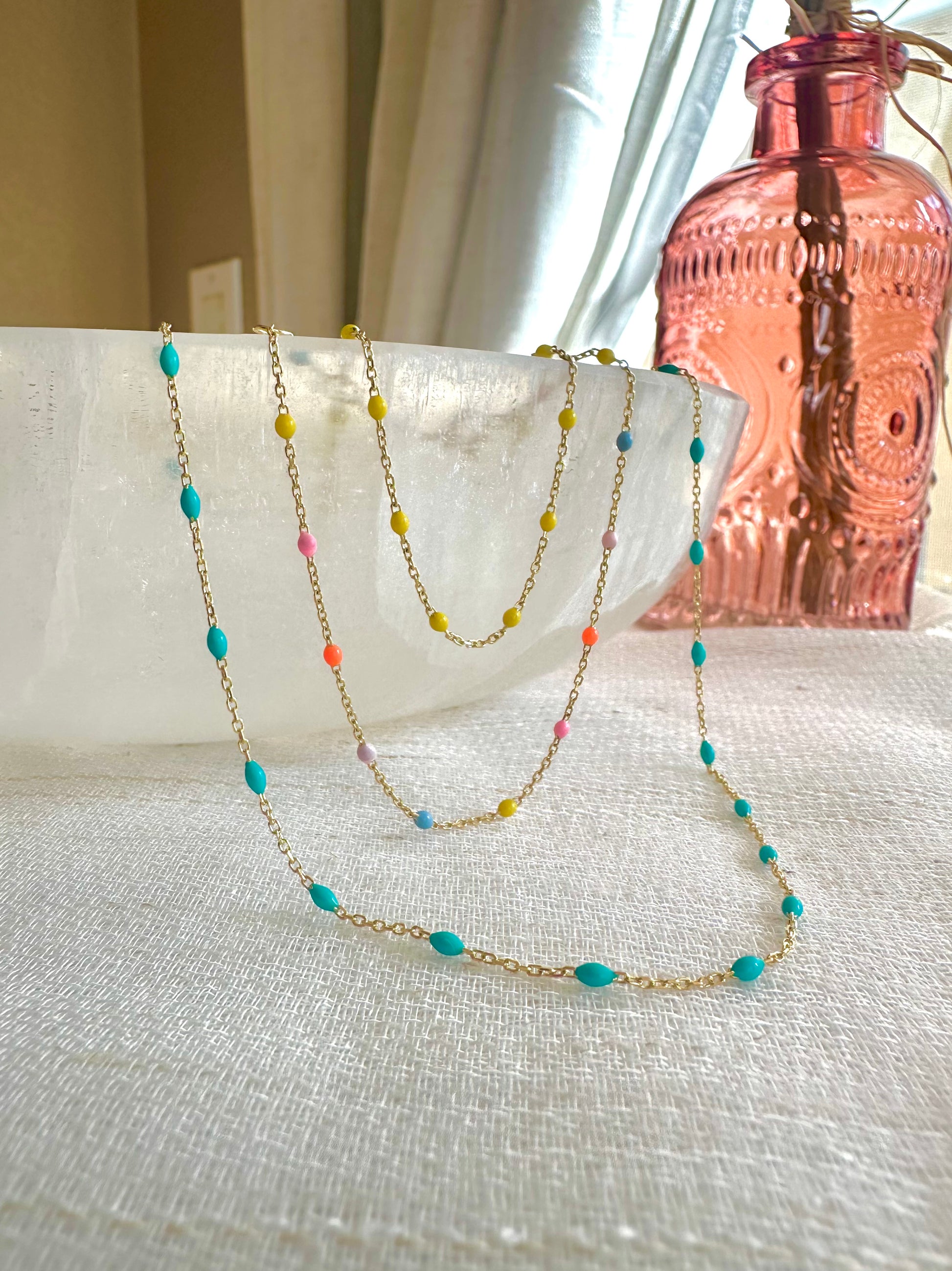 18k Enamel Bead Station necklace with adjustable chain length, customizable bead finish | Ella Creations Jewelry 