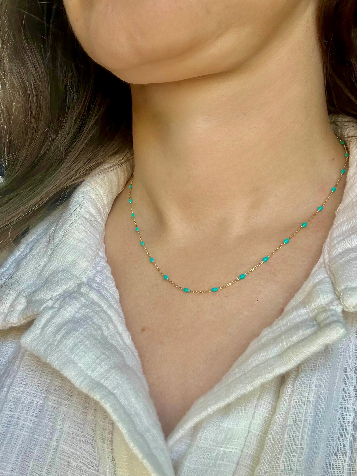 18k Enamel Bead Station necklace with adjustable chain length, turquoise | Ella Creations Jewelry 