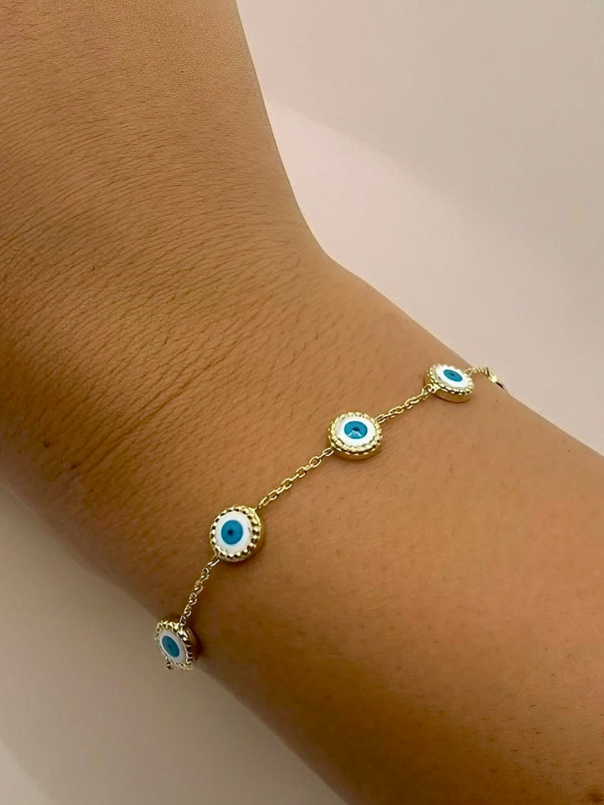 Evil eye bracelet with charms made of 8k solid gold, hand- applied enamel | Ella Creations Jewelry