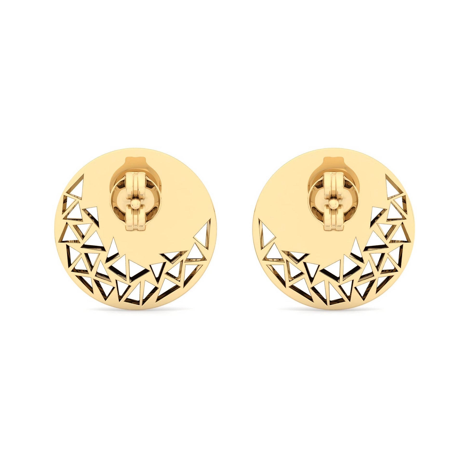 Gold button Earrings with geometric cutouts and flat back customizable in 18k yellow, rose gold and white golf | Ella Creations Jewelry