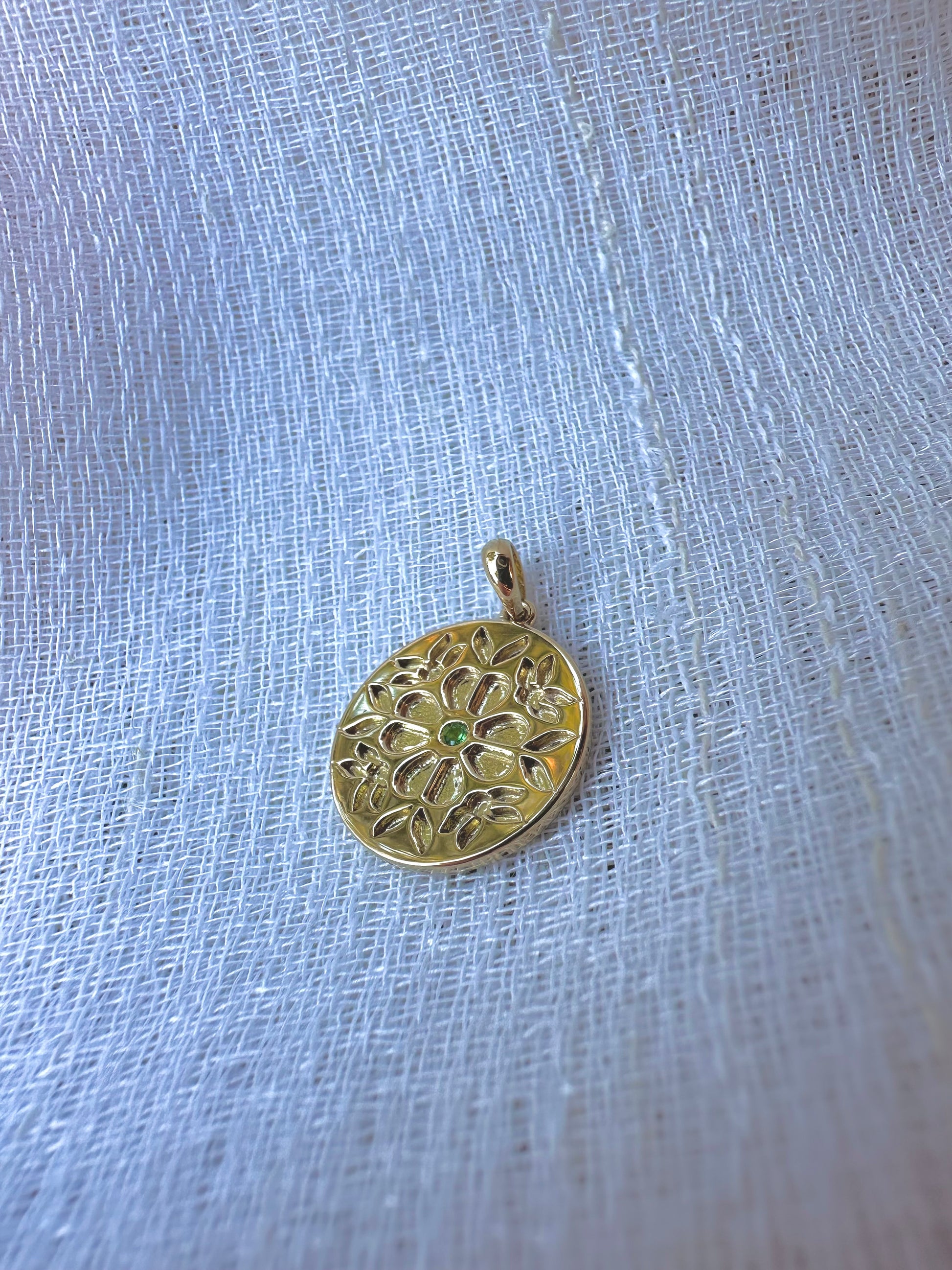 gold coin floral pendant hand crafted in 14k or 18k with a center stone of your choice. | Ella Creations Jewelry