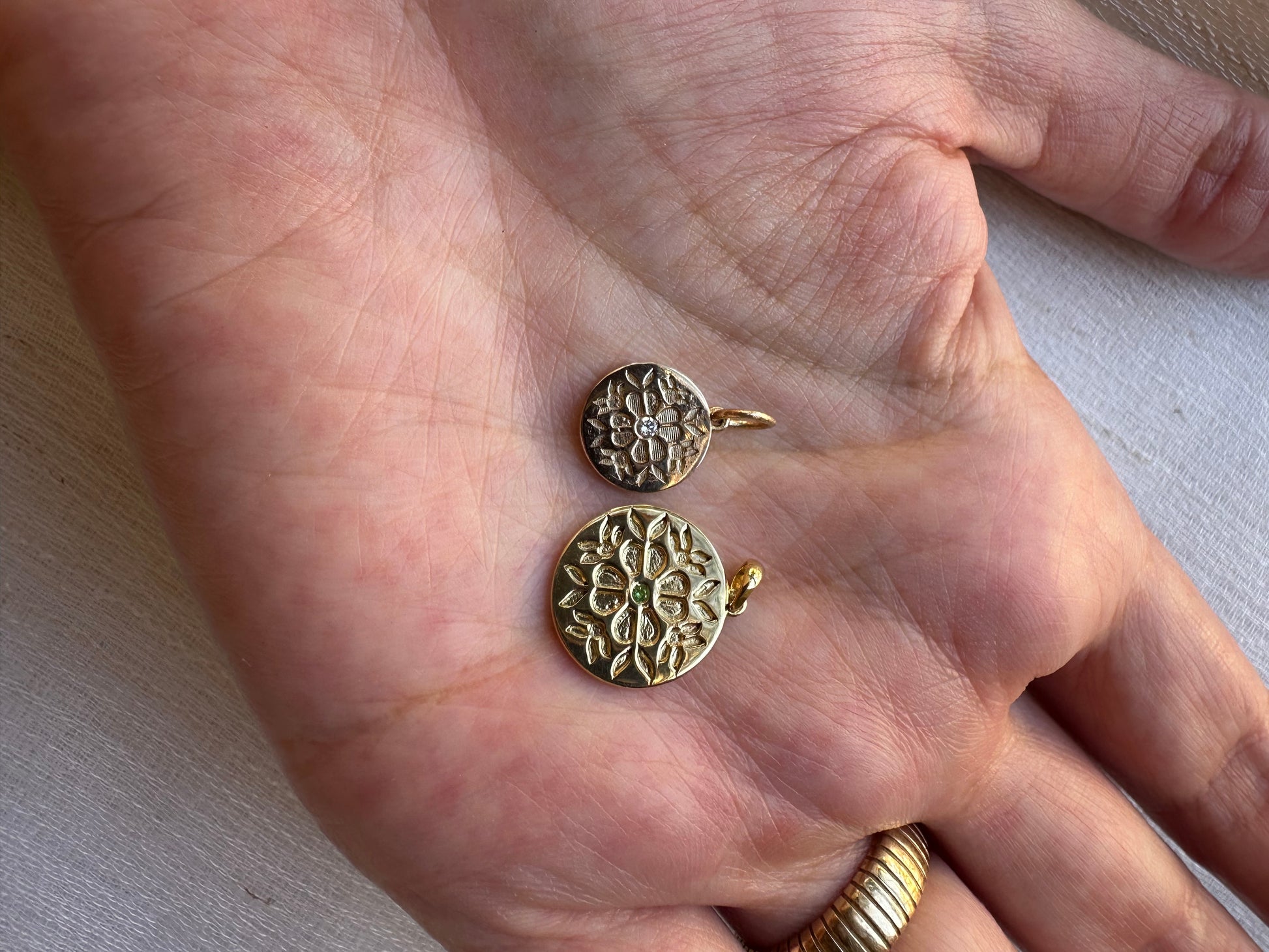 Tatreez Pendant | gold coin floral pendant hand crafted in 14k or 18k with a center stone of your choice. | Ella Creations Jewelry