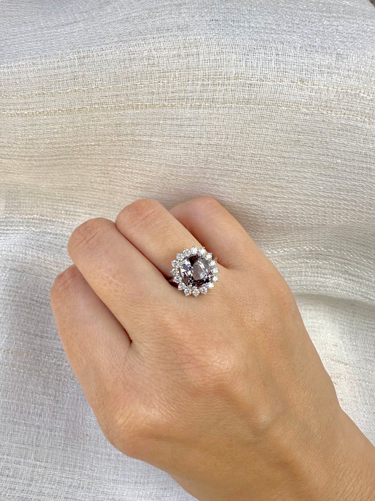 Vintage inspired Spinel Ring with diamonds halo setting handcrafted in 18 karat white gold. Spinel is August birthstone | Ella creations jewelry