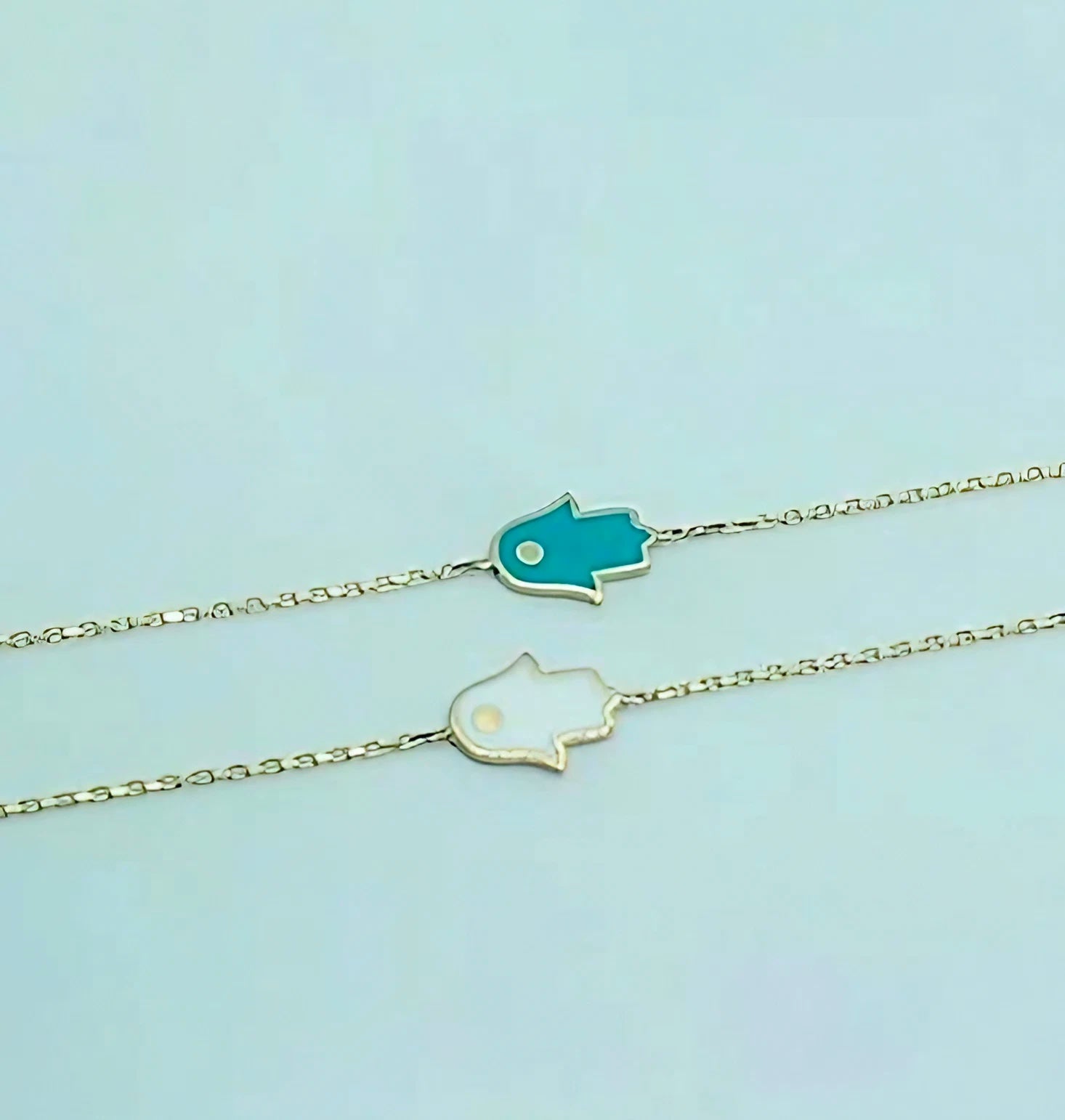 Hamsa gold bracelet handcrafted in 18k gold with your choice of enamel with or without side beads. Enameled on both sides.