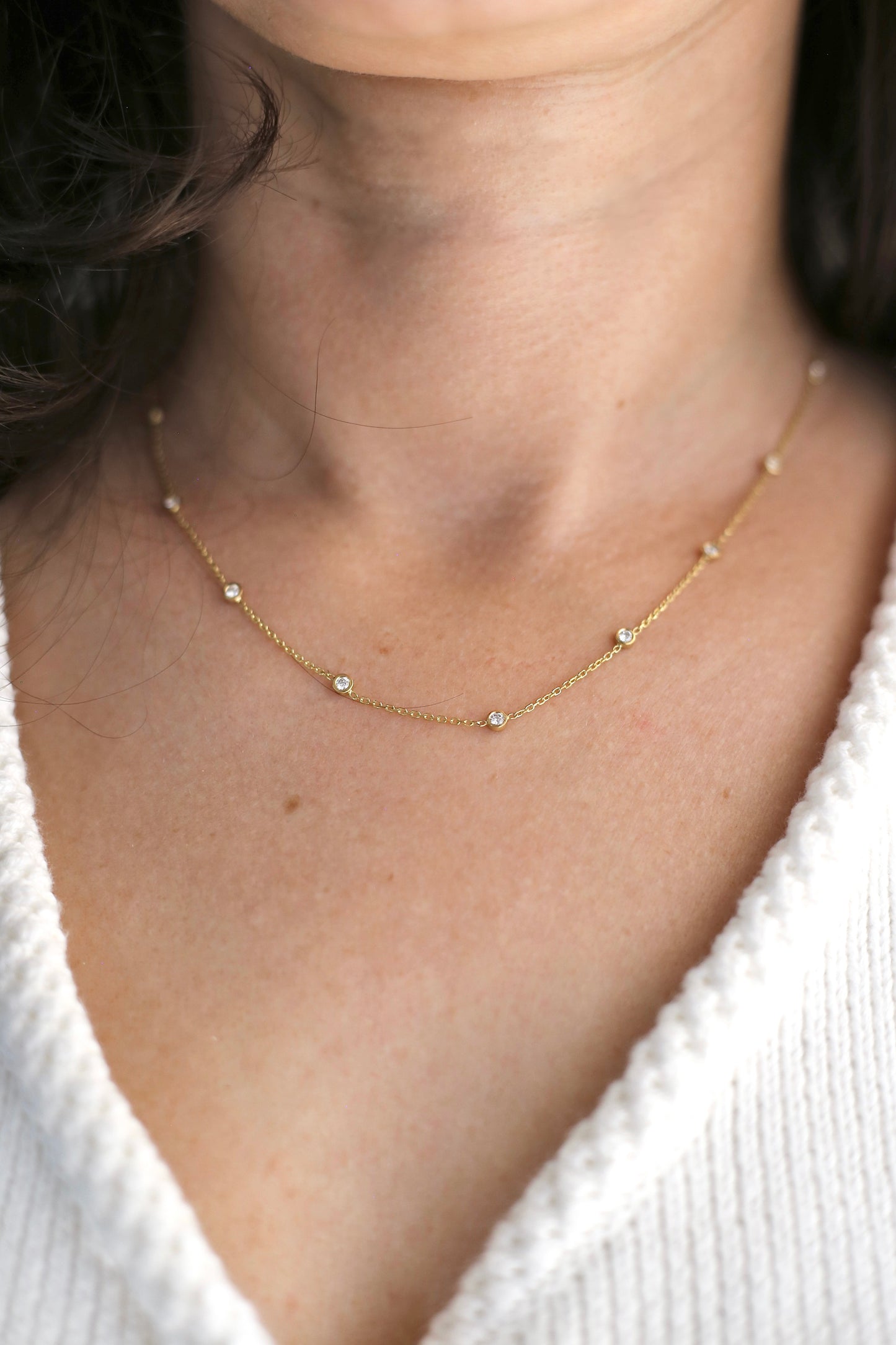 Lab diamond Necklace handcrafted in 18K solid gold and featuring ten lab diamonds bezel set for a total weight of 0.30ctw | Ella Creations Jewelry