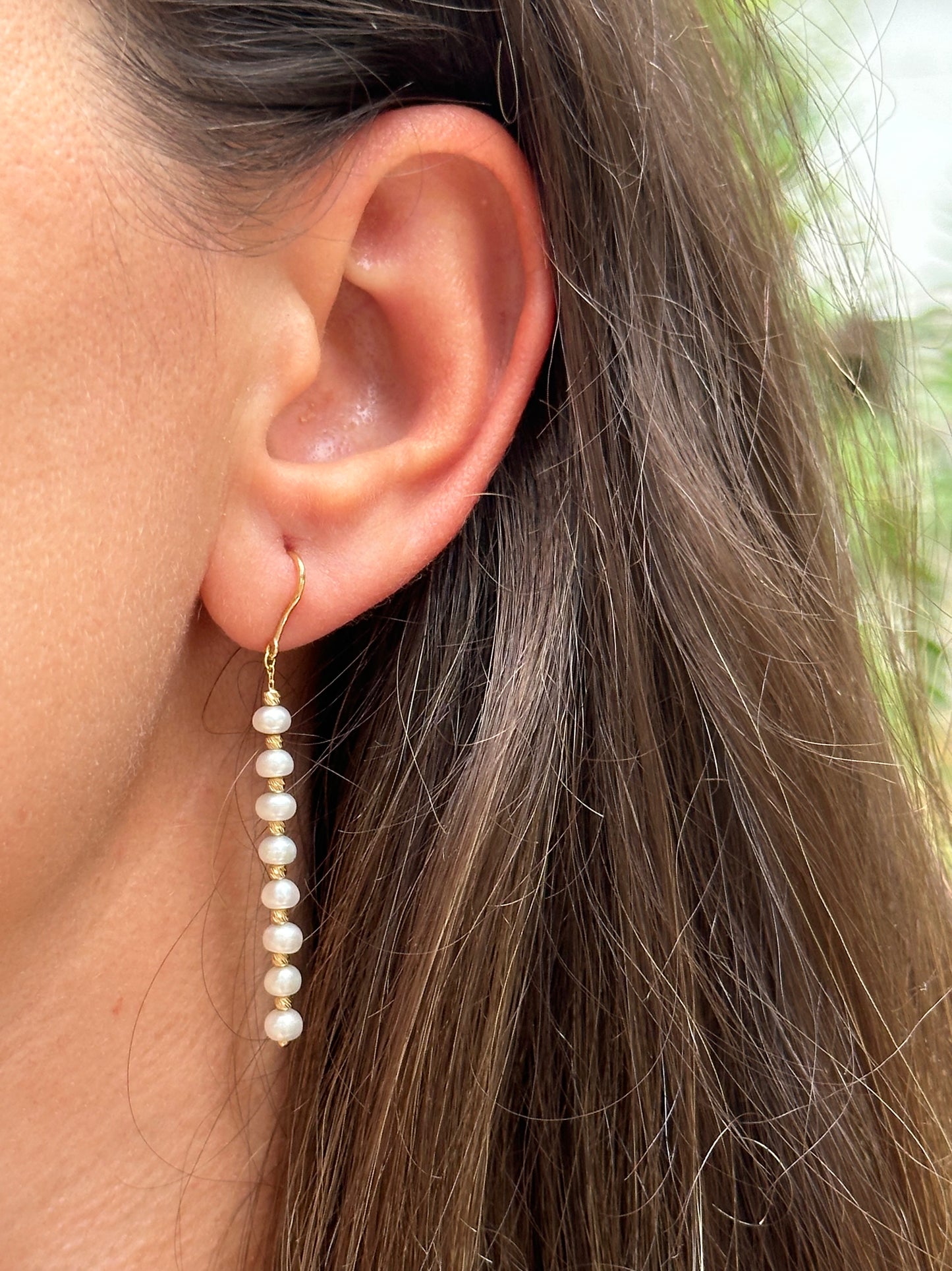 Long pearl earrings with gold beads and fresh water pearls handcrafted in 18 karat gold | Ella Creations Jewelry