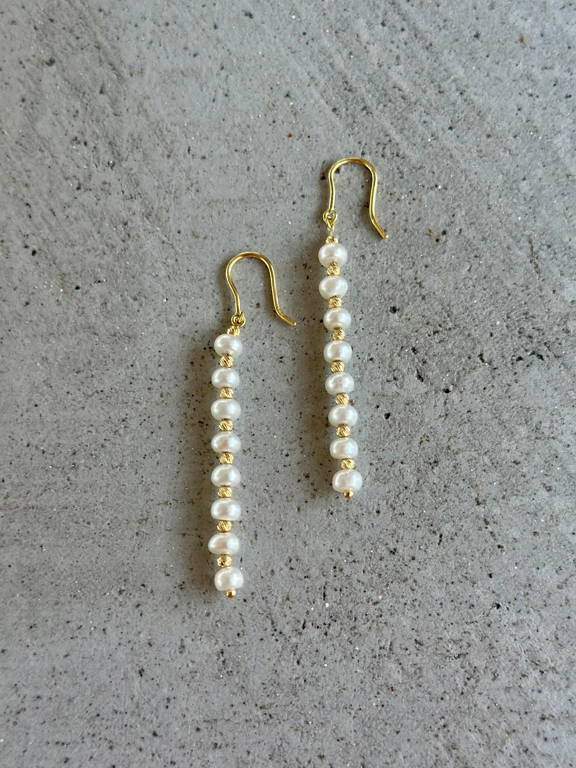 Long pearl earrings with gold beads and fresh water pearls handcrafted in 18 karat gold | Ella Creations Jewelry