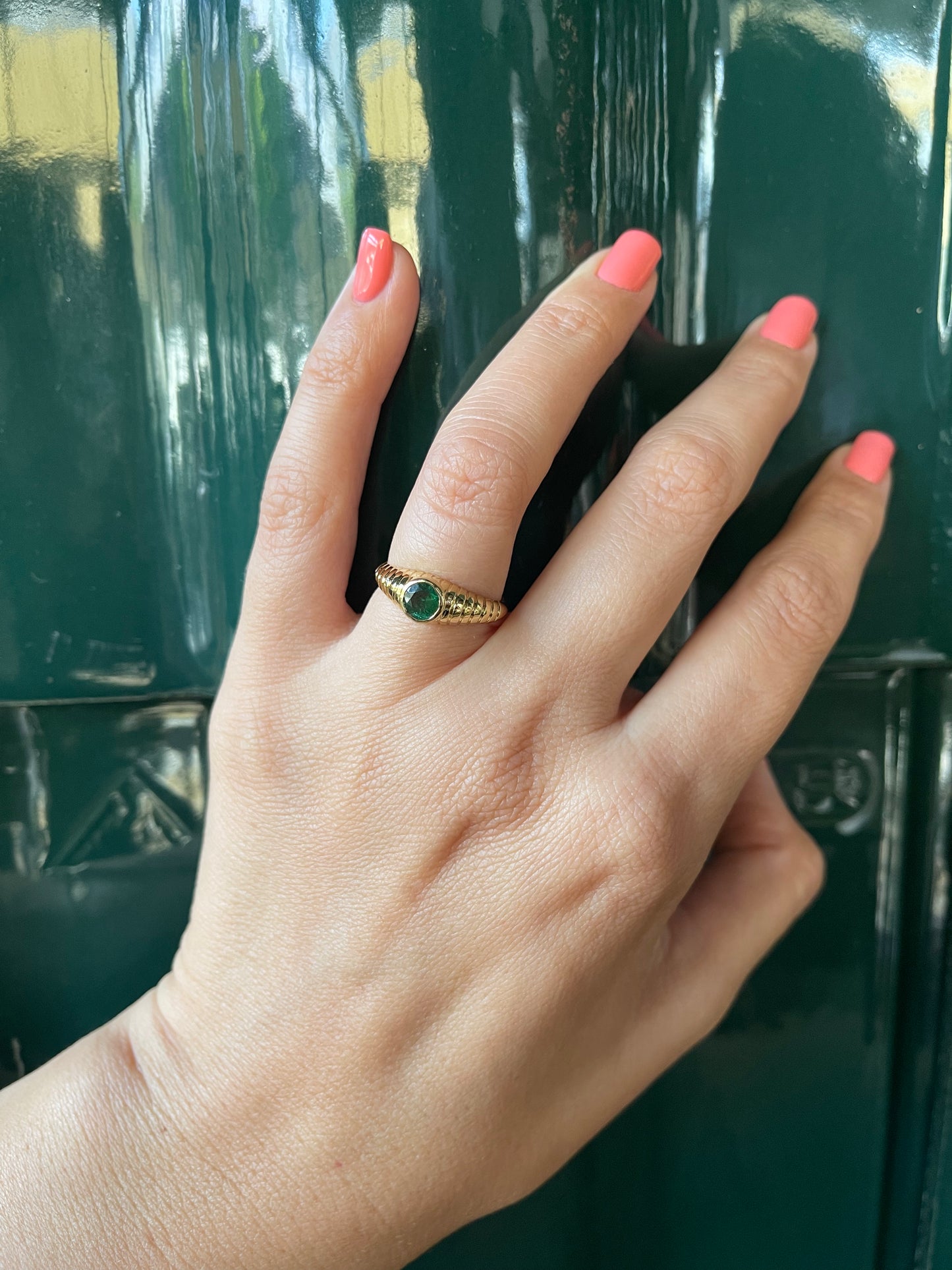 Natural Emerald Ring features a unique design that combines modern elements with a vintage-inspired aesthetic. It's a custom made ring hand crafted in 18 karat Gold | Ella Creations jewelry