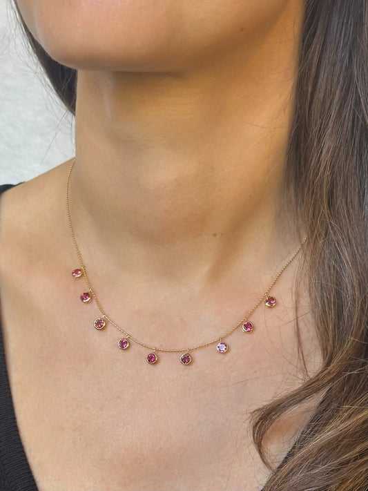 Handcrafted 18k Pink Tourmaline Station Necklace featuring nine pink tourmalines bezel set and dangling from a dainty ball chain necklace. Perfect as October Birthstone gift | Ella Creations Jewelry