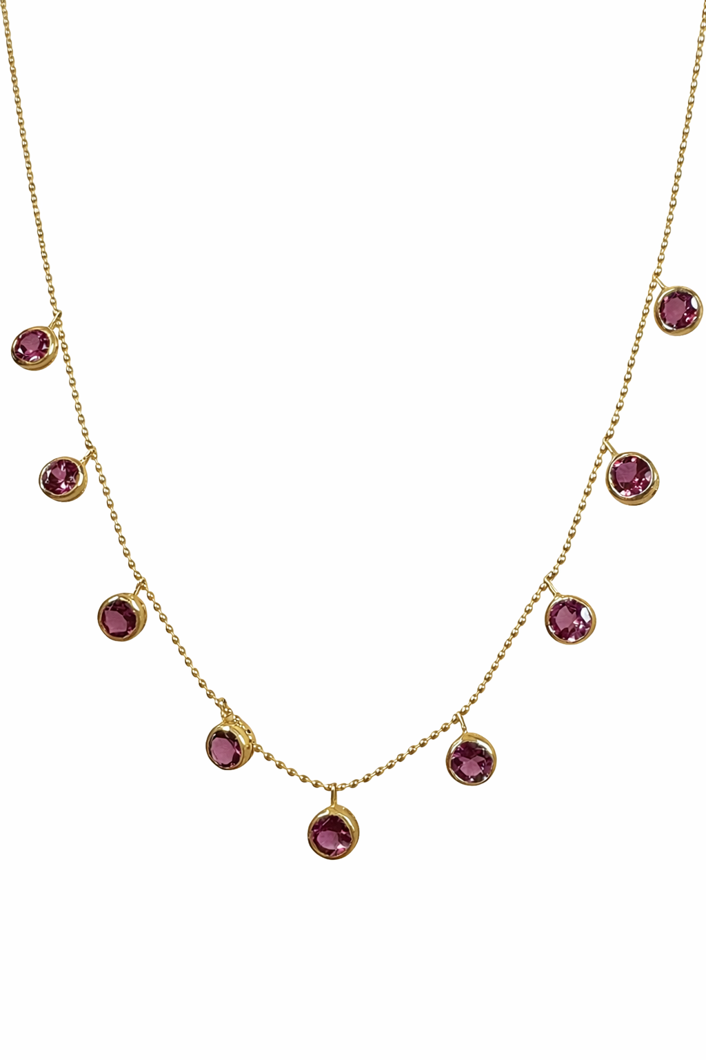 Handcrafted 18k Pink Tourmaline Station Necklace featuring nine pink tourmalines bezel set and dangling from a dainty ball chain necklace. Perfect as October Birthstone gift | Ella Creations Jewelry