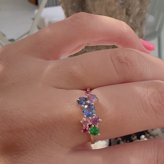 sapphire dainty ring adorned with multicolor sapphires and one emerald stone - Ella Creations Jewelry