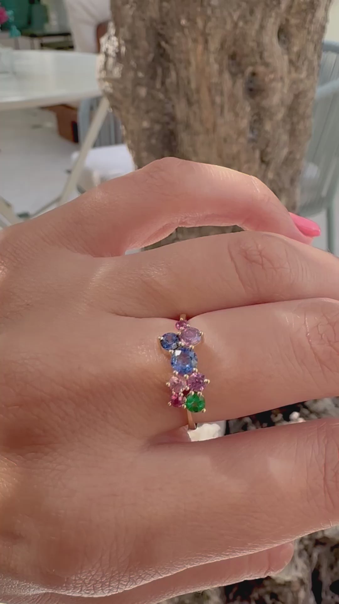 sapphire dainty ring adorned with multicolor sapphires and one emerald stone - Ella Creations Jewelry