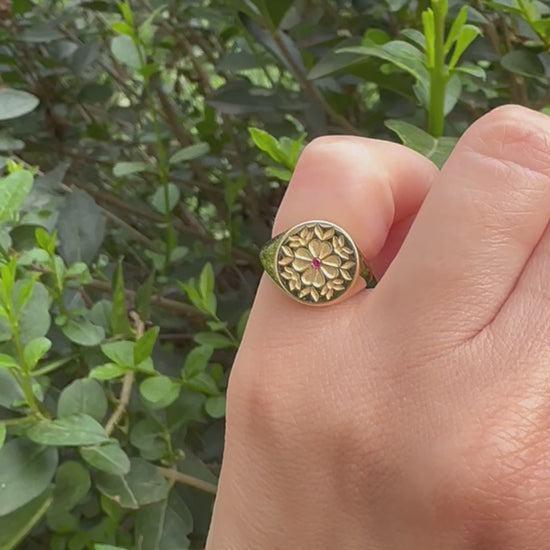 Gold Pinky Ring with floral tatreez engraving available in 14k or 18k solid gold and customizable centre stone chose among  | Ella Creations Jewelry 