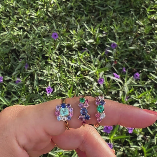 colorful cluster gemstones rings featuring emeralds, sapphires and tourmalines handcrafted in solid gold 18k - Ella Creations Jewelry