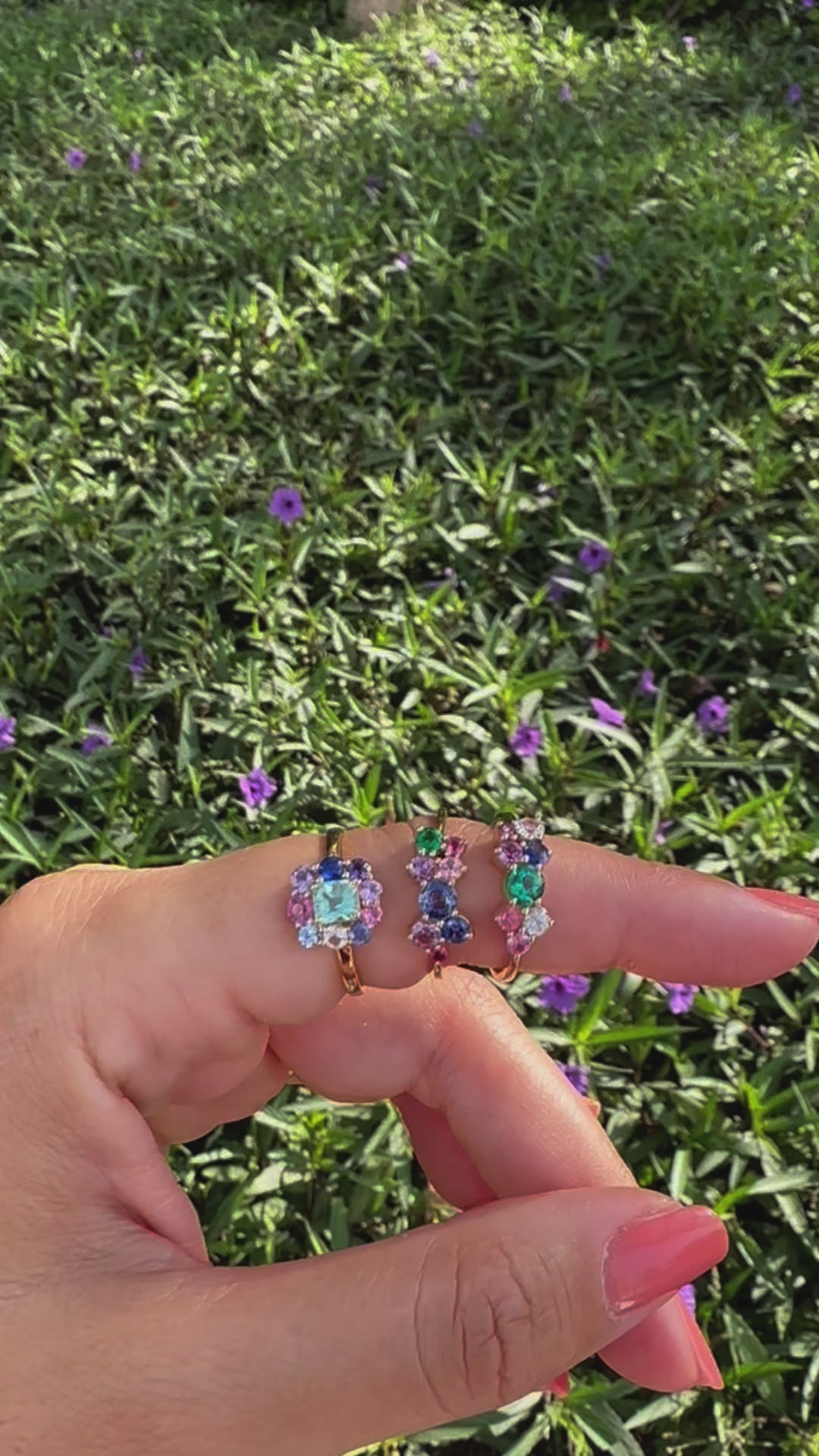 colorful cluster gemstones rings featuring emeralds, sapphires and tourmalines handcrafted in solid gold 18k - Ella Creations Jewelry