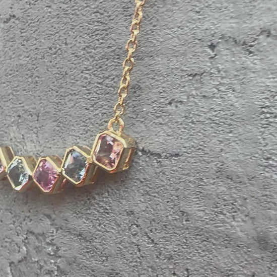 Gold Sapphire necklace handcrafted in 18 karat gold featuring multicolor sapphire in asscher cut | Ella Creations Jewelry