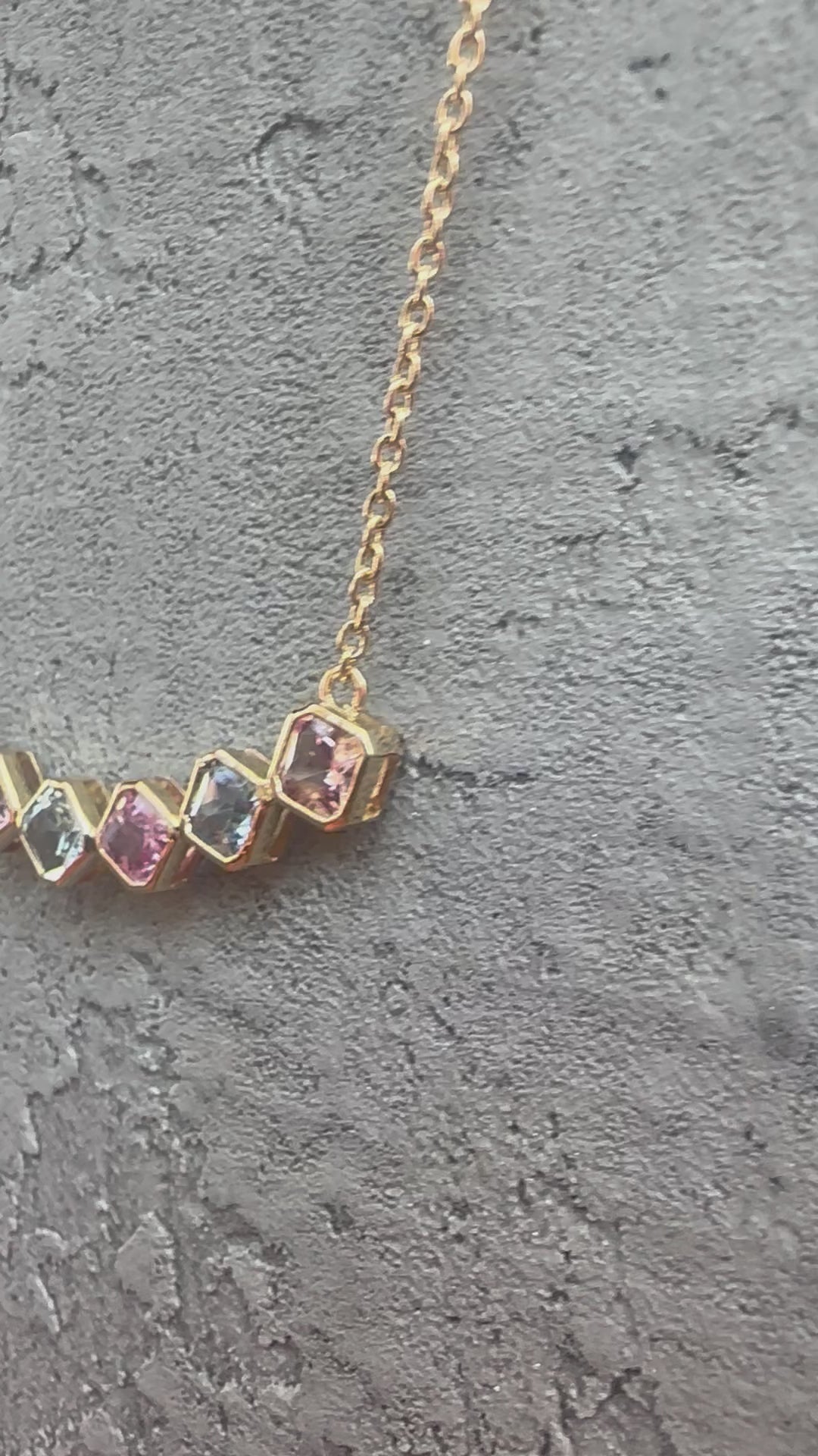 Gold Sapphire necklace handcrafted in 18 karat gold featuring multicolor sapphire in asscher cut | Ella Creations Jewelry