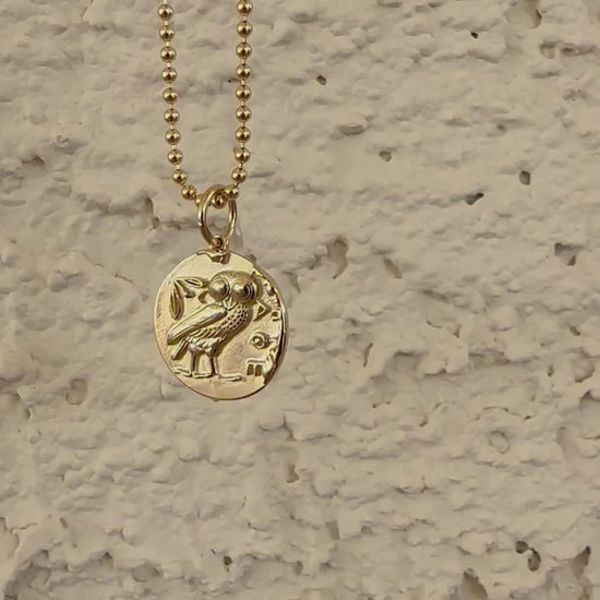 Gold Goddess Athena and Owl Coin Pendant (double Sides) in 14K or 18K | Ella Creations Jewelry