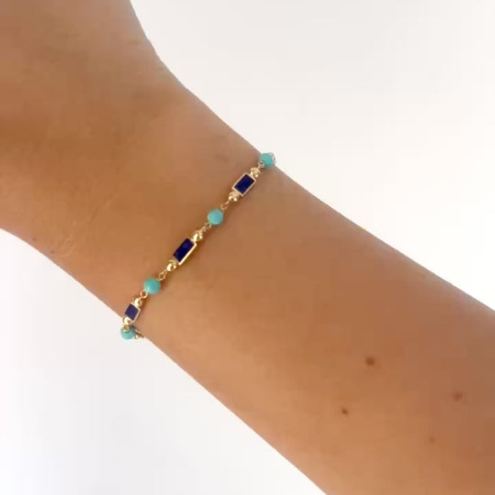 18K Turquoise and Gold bead Bracelet with enamel links | Ella Creations Jewery