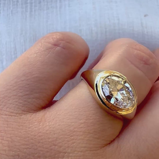 18K Oval Lab Diamond Ring, in a Signet Ring style featuring a bezel set 2ct Oval Lab Diamond | Ella Creations Jewelry