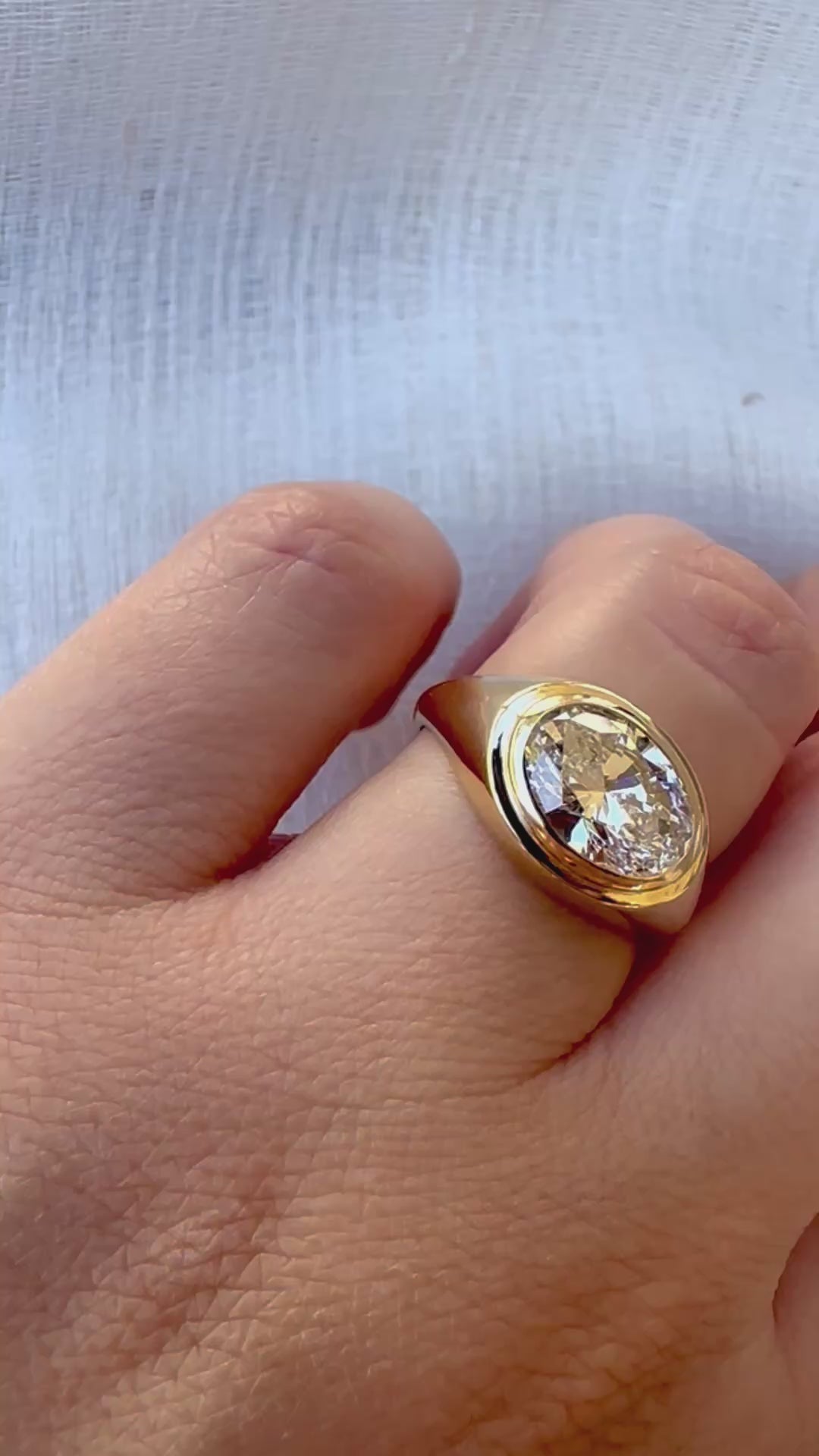 18K Oval Lab Diamond Ring, in a Signet Ring style featuring a bezel set 2ct Oval Lab Diamond | Ella Creations Jewelry