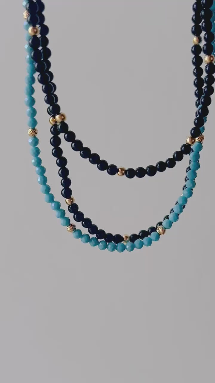 beaded summer jewelry with turquoise or black Onyx beads and solid gold beads and findings | Ella Creations Jewelry