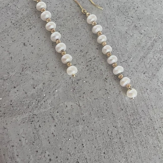 Long pearl earrings with gold beads and fresh water pearls handcrafted in 18 karat gold | Ella Creations Jewelry