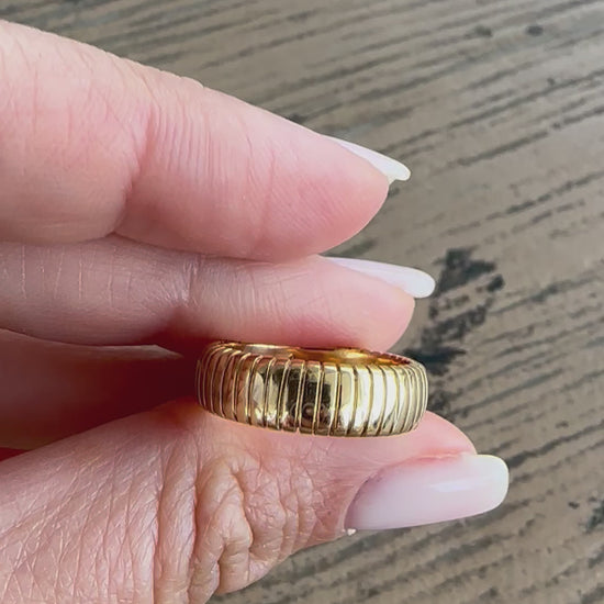 Wide Gold Ring with a ribbed surface texture, wear it as chunky wedding band or a standalone chunky ring, handcrafted in 18k solid gold | Ella Creations Jewelry