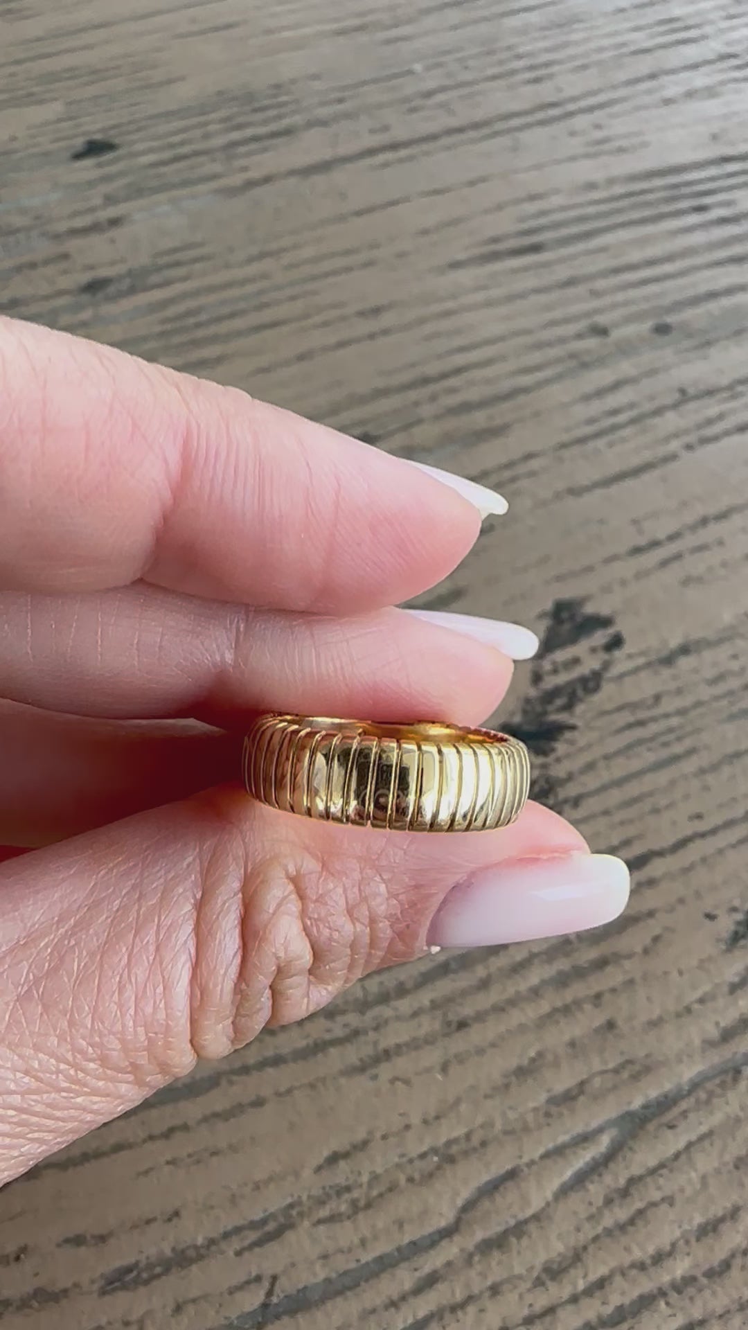Wide Gold Ring with a ribbed surface texture, wear it as chunky wedding band or a standalone chunky ring, handcrafted in 18k solid gold | Ella Creations Jewelry
