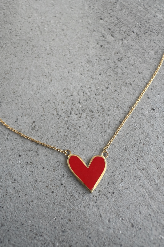 Red Gold Heart Necklace handcrafted in 18k gold, offering a dual design: enamel at on one side and plain gold at the other side| Ella Creations jewelry