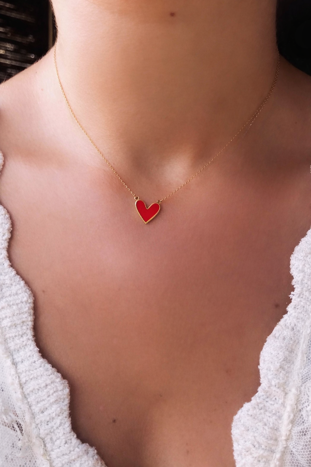 Red Gold Heart Necklace handcrafted in 18k gold, offering a dual design: enamel at on one side and plain gold at the other side| Ella Creations jewelry