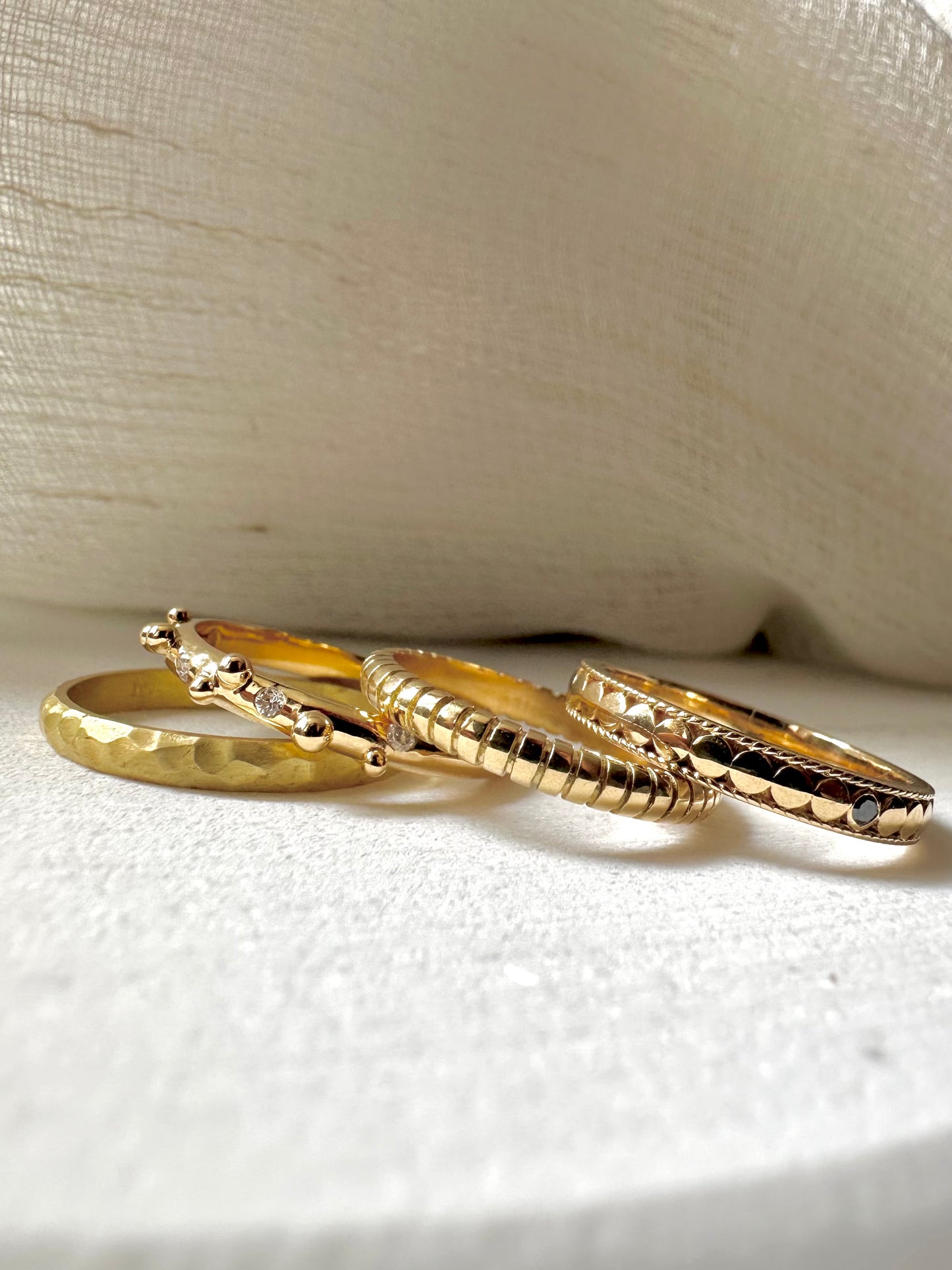 Textured gold stacking ring close-up