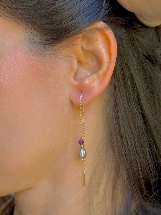 Threader Earrings handcrafted in 18 karat gold, featuring Pink pearls, a gold bead and a garnet bead, with a total length of 4.7" these earrings are perfect for a night  or an elegant casual look | Ella Creations Jewelry